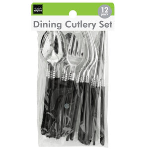 24 Pieces Per Pack Of Reusable Silver &Amp; Black Plastic Dining Cutlery Set ][Wholesales Purchase|Hoodmat.Com