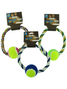 7" Rope dog toy with tennis ball (assorted colors)