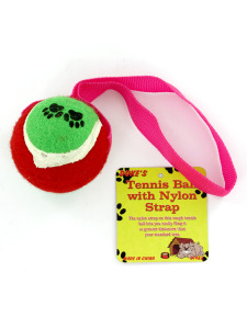 Tennis ball dog toy with nylon strap