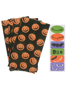5 pack pumpkin lunch sacks with 1 sheet of stickers