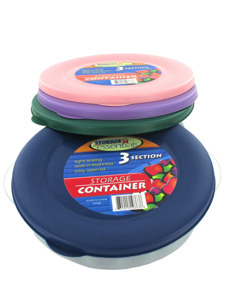 Three-section round storage container with lid (assorted colors)