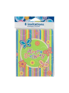 butterfly stripes 8 count happy birthday invites/envelopes