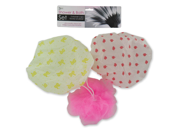 Shower cap and body scrubber set
