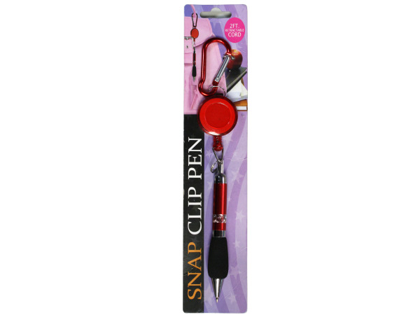 Snap clip pen with retractable cord