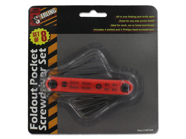 Fold-out pocket screwdriver with eight screw heads
