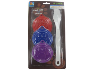 Set of 3 pet food lids and scooper spoon