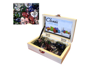 Glass heart stones in box