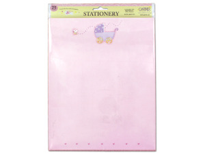Pink baby stationery with baby carriage, pack of 25 sheets
