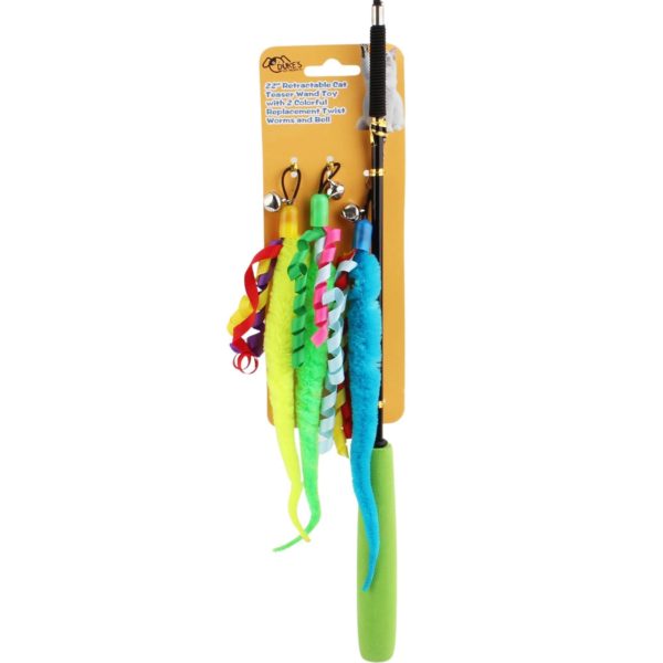 Retractable Cat Teaser Wand Toy with 2 Colorful Replacement Twist Worms and Bell